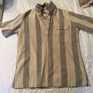 Zara Men's Casual Beige and Gray Striped Shirt